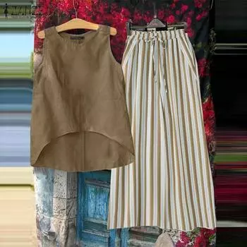 ZANZEA Женский летний комплект из широких брюк с круглым вырезом и без рукавов в полоску с карманами S синий