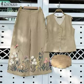 ZANZEA Женский летний комплект из жилета без рукавов с V-образным вырезом и широкими брюками S чёрный