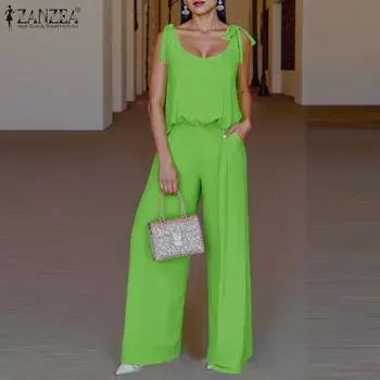 ZANZEA Женский летний комплект из жилета без рукавов с U-образным вырезом и брюками широкого кроя S зелёный