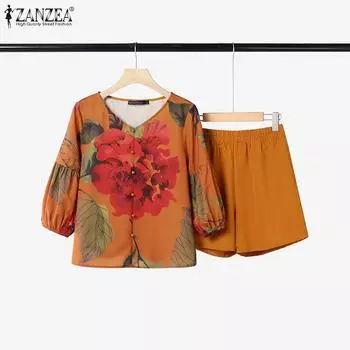 ZANZEA Женский летний костюм из двух частей: блузка с цветочным принтом и шорты с рукавом 3/4 S