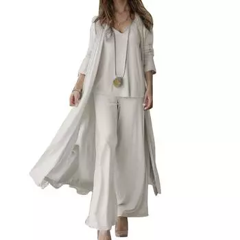 ZANZEA Женский летний костюм, комплект из брюк, майки и кардигана, повседневная одежда S бежевый