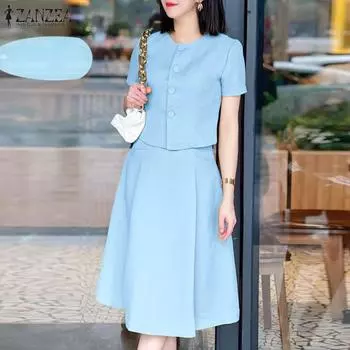 ZANZEA, женский летний модный топ с круглым вырезом и короткими рукавами, эластичный пояс с карманами, юбка трапециевидной формы, костюмы S жёлтый