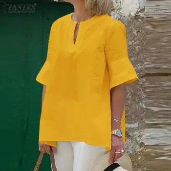 ZANZEA женский летний однотонный свободный топ с круглым вырезом и короткими рукавами