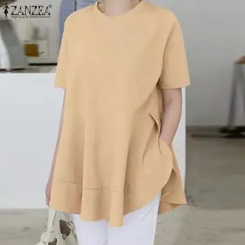 ZANZEA Женский летний однотонный свободный топ с круглым вырезом и короткими рукавами, сращенный подол