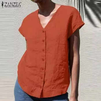 ZANZEA Женский летний однотонный свободный топ с v-образным вырезом и короткими рукавами на пуговицах