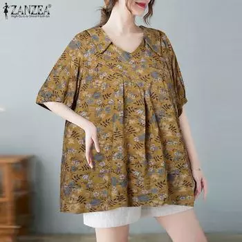ZANZEA Женский летний плиссированный свободный топ с круглым вырезом и коротким рукавом на шнуровке с принтом
