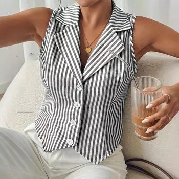 ZANZEA Женский летний полосатый жилет без рукавов с лацканами с вырезом S чёрный