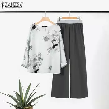 ZANZEA женский летний повседневный свободный топ с эластичной резинкой на талии, брюки с круглым вырезом и длинными рукавами, костюм S зелёный