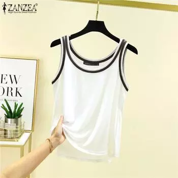 ZANZEA женский летний свободный спортивный жилет без рукавов с круглым вырезом M зелёный