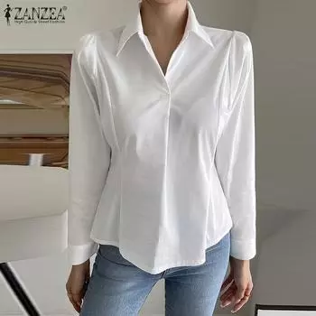 ZANZEA Женский летний топ с лацканами и длинными рукавами и завязками на талии