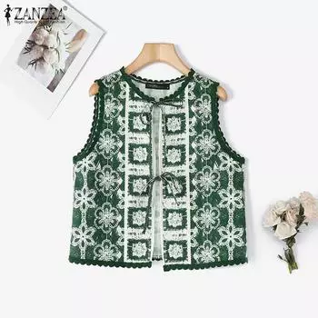 ZANZEA Женский летний жилет-кардиган без рукавов со шнуровкой и круглым вырезом S чёрный