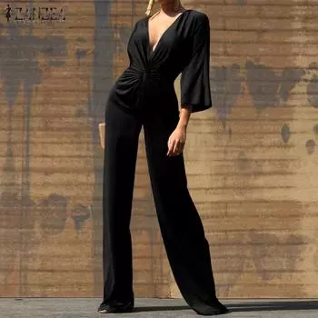 ZANZEA Женский модный однотонный свободный длинный комбинезон с v-образным вырезом и рукавами 3/4