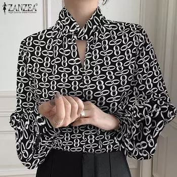 ZANZEA Женский однотонный элегантный топ с длинными рукавами и принтом с закругленным вырезом