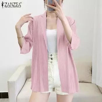 ZANZEA женский однотонный повседневный блейзер из мышечной ткани с отворотами и v-образным вырезом, рукавами 3/4 и открытыми плечами