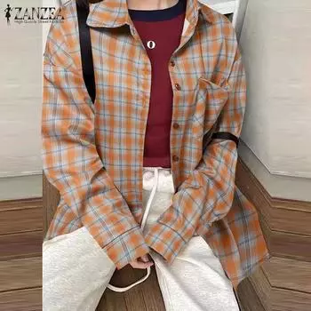 ZANZEA женский однотонный свободный клетчатый топ с длинными рукавами и карманами на пуговицах