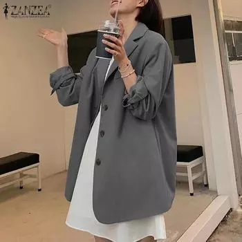 ZANZEA женский однотонный свободный повседневный костюм с длинными рукавами и пуговицами с лацканами