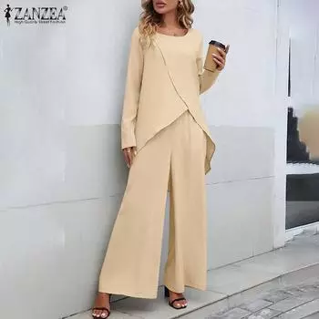 ZANZEA женский однотонный свободный топ с длинными рукавами и круглым вырезом, широкие брюки