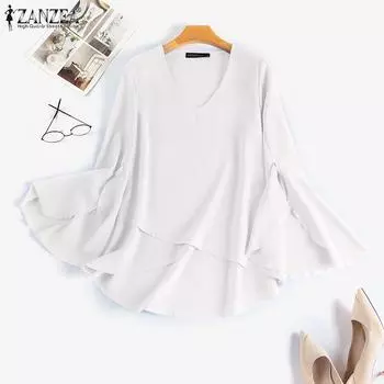 ZANZEA Женский однотонный свободный топ с V-образным вырезом, рукавами 3/4 и рюшами