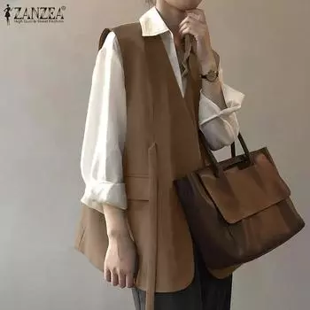 ZANZEA Женский однотонный свободный жилет с карманами и карманами с завязками S чёрный