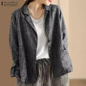ZANZEA Женский осенний блейзер с длинными рукавами в контрастную полоску S чёрный