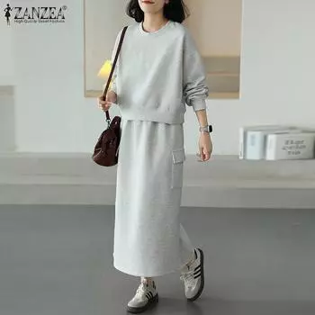 ZANZEA Женский осенний комплект из круглого выреза с длинным рукавом и прямой юбкой M серый