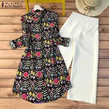 ZANZEA Женский осенний комплект из рубашки с длинным рукавом и цветочным принтом и прямых брюк M зелёный