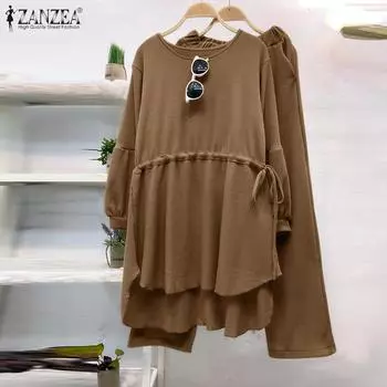 ZANZEA Женский осенний комплект из широких брюк с круглым вырезом и длинными рукавами в клетку S зелёный