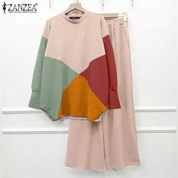 ZANZEA Женский осенний комплект из широких брюк с круглым вырезом и длинными рукавами в полоску контрастного цвета S зелёный