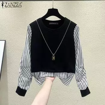 ZANZEA Женский осенний поддельный двухсекционный свитер с круглым вырезом и длинными рукавами в полоску 3XL белый