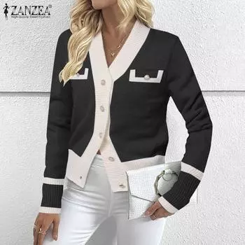 ZANZEA Женский осенний свитер с длинным рукавом в стиле пэчворк L чёрный