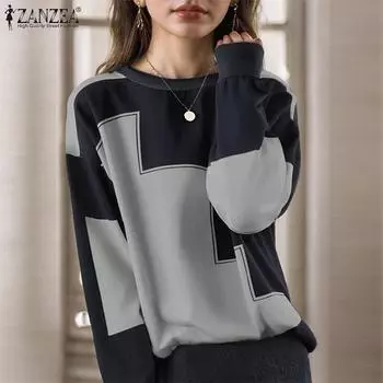 ZANZEA Женский осенний свитер с круглым вырезом и заниженной линией плеча, длинный рукав, контрастный цвет S бежевый