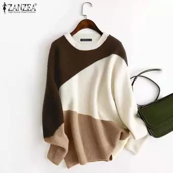 ZANZEA Женский осенний свитер с круглым вырезом и длинным рукавом контрастного цвета S чёрный