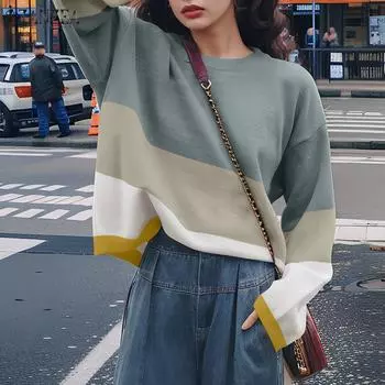 ZANZEA Женский осенний свитер с круглым вырезом и длинным рукавом контрастного цвета S вино красного