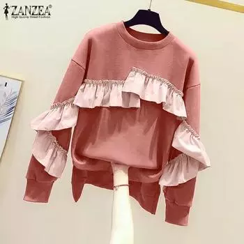 ZANZEA Женский осенний свитер с круглым вырезом и длинными рукавами с оборками S зелёный