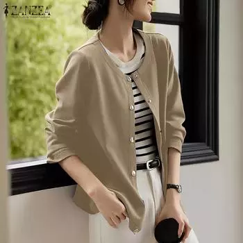 ZANZEA Женский осенний трикотажный прямой блейзер с круглым вырезом и длинными рукавами M темно-синий