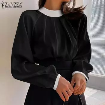 ZANZEA Женский плиссированный свободный топ контрастного цвета с круглым вырезом и длинными рукавами