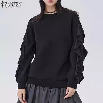 ZANZEA Женский полуводолазный свитер с длинным рукавом и оборками S чёрный