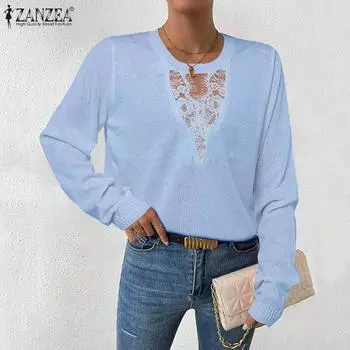 ZANZEA Женский повседневный ажурный кружевной сращивающийся тонкий вязаный свитер с длинным рукавом S чёрный