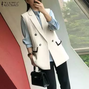 ZANZEA Женский повседневный кардиган без рукавов с зазубренными лацканами S чёрный