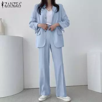 ZANZEA Женский повседневный кардиган, блузка и брюки, повседневный костюм из двух предметов