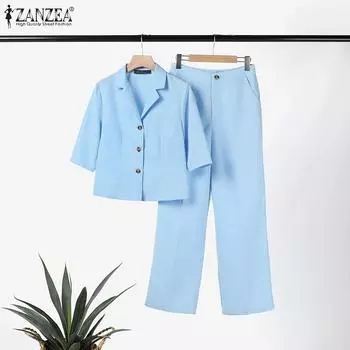 ZANZEA Женский повседневный кардиган, блузка и брюки, офисный женский костюм из двух предметов