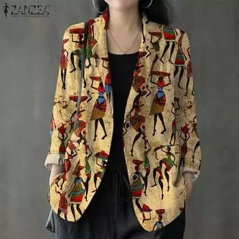 ZANZEA Женский повседневный кардиган с длинным рукавом и отложным воротником с принтом L бежевый