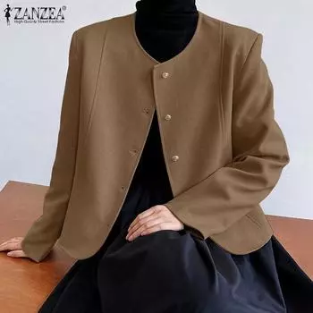 ZANZEA Женский повседневный кардиган с круглым вырезом и длинными рукавами на пуговицах, тонкая верхняя одежда