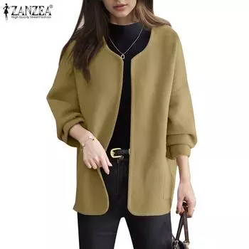 ZANZEA Женский повседневный кардиган с круглым вырезом и длинными рукавами, тонкое шерстяное пальто S хаки