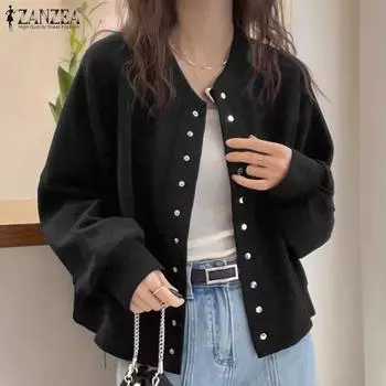 ZANZEA Женский повседневный кардиган с круглым вырезом и длинным рукавом чёрный