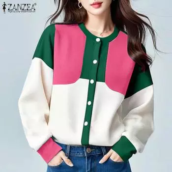 ZANZEA Женский повседневный кардиган с круглым вырезом и длинным рукавом в стиле пэчворк, тонкая верхняя одежда S ярко-розовый