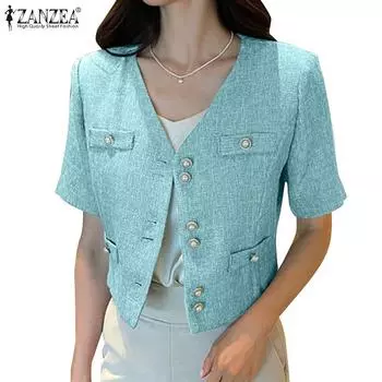 ZANZEA Женский повседневный кардиган с круглым вырезом и короткими рукавами, летний пиджак, верхняя одежда