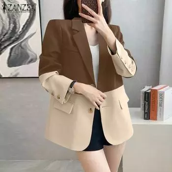 ZANZEA Женский повседневный кардиган с отложным воротником и длинными рукавами в стиле пэчворк Верхняя одежда 3XL синий