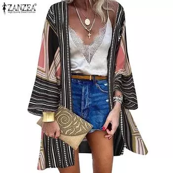 ZANZEA Женский повседневный кардиган с рукавом 3/4 и принтом в богемном пляжном стиле, шаль