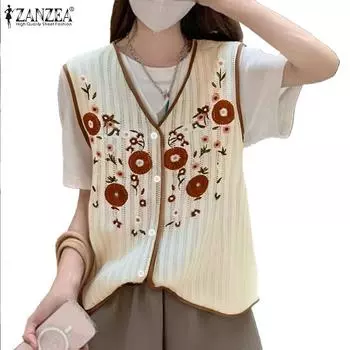 ZANZEA Женский повседневный кардиган с V-образным вырезом и цветочным принтом на рукавах, жилет, топы M коричневый